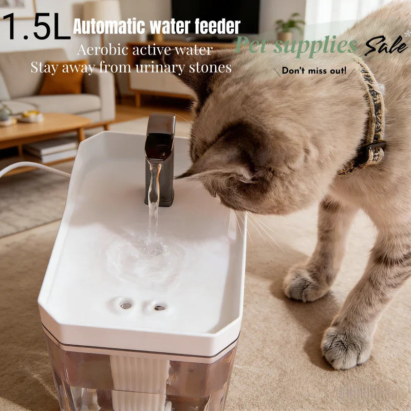 1.5L Cat Water Fountain Automatic Filter USB Pet Drinking Dispenser Live Water Circulation Fresh Flow for Cats and Small Dogs